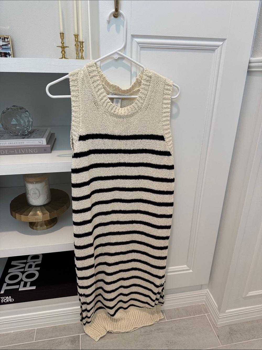 NEW Cream and Black Striped Sleeveless Knit Dress Sz M/L